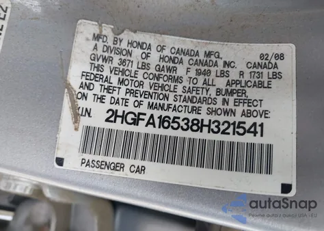 2008 Honda Civic Lx z USA, uszkodzony, nr VIN 2HGFA16538H321541